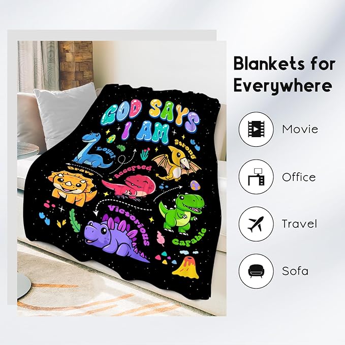 Dinosaur Blanket for Boys, Dinosaur Gifts for Dinosaur Lovers Toddler Child, God Says I Am Blanket for Kids, Inspirational Gifts for Son, Soft Plush Kids Throw Blankets for Couch Office, 40"x50"