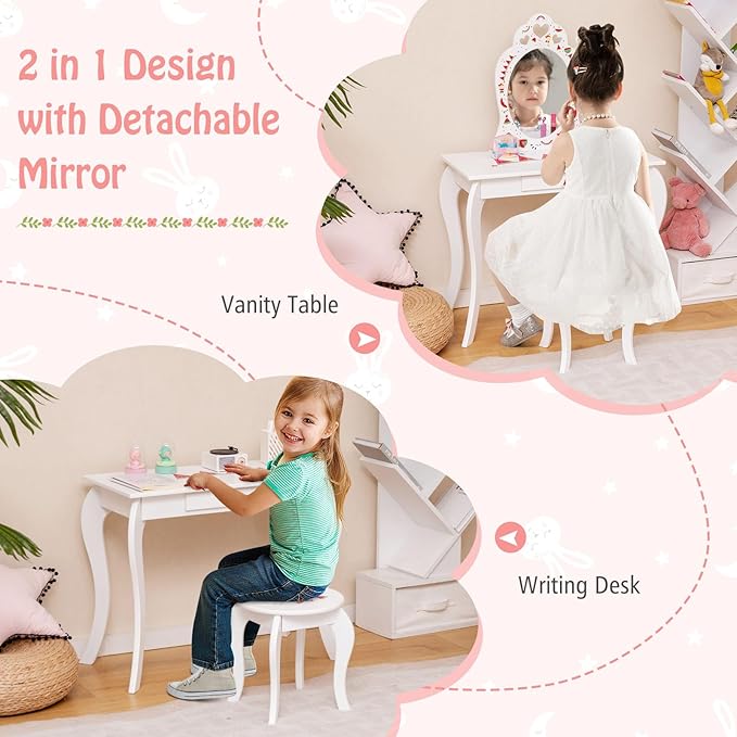 HONEY JOY Kids Vanity, Wooden Vanity Table & Chair Set with Mirror and Stool, Princess Pretend Play Dressing Table w/Detachable Top, Watermelon Theme Toddler Makeup Vanity Set for Little Girls