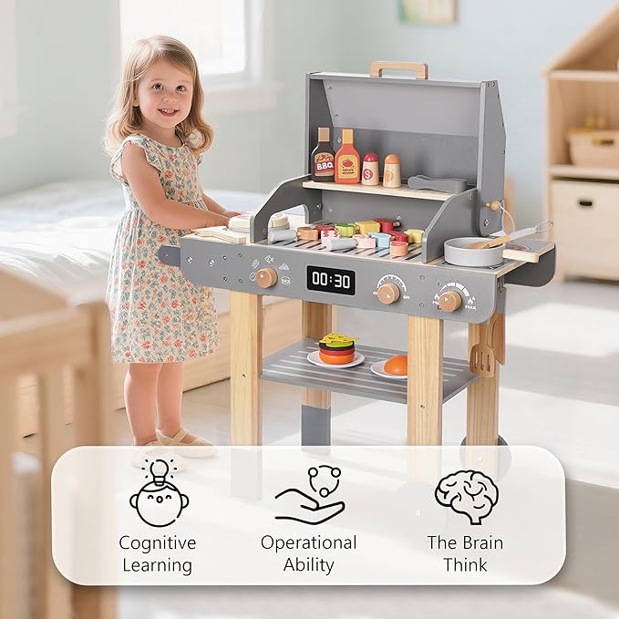 Wooden Kids Grill Playset – Realistic Play Barbecue Set with Grilling Tools and Foods – Pretend Grill Toy for Kids Ages 3+