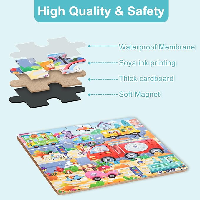 ASTARON Magnetic Puzzles for Toddlers, 25-30-42 Pieces Traffic Learning Magnet Puzzles for Road Trip, Educational Travel Toys Car Plane Activities for Kids, Kids Birthday Gifts