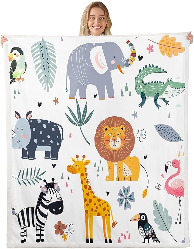 Kids Zoo Animal Sherpa Blanket Cute Wild Animals Fleece Throw Blanket Cartoon Safari Wild Print Plush Blanket for Boys Girls Children Teens Bedroom Decor Exotic Natural Fuzzy Blanket Queen 90x90 Inch