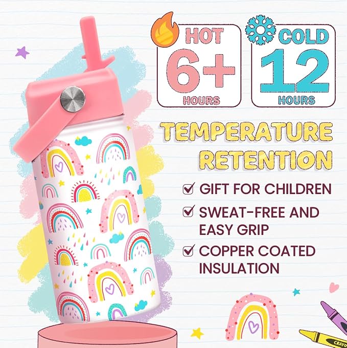 Rainbow Kids Water Bottle With Straw Lid 12oz Insulated Stainless Steel, Travel Tumbler, Gifts For Girls, Birthday, Christmas, Back To School
