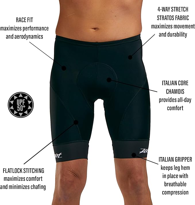 Zoot Men’s Core Cycle Shorts, Padded Performance 9-Inch Bicycle Shorts for Triathlons & Endurance Racing, UPF 50+ Fabric