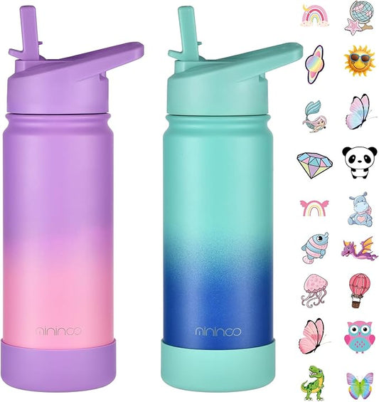 mininoo Kids Water Bottle for School, 16oz Stainless Steel Insulated Water Bottle Kids with Straw Lid for Girls, Boys (2 Pack)