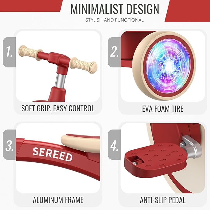 SEREED Colorful Lighting Toddler Tricycle for 2-5 Years Old Boys Girls, Adjustable Seat&Handlebar Trike, Removable Basket, Birthday Gift Idea for Kids Ages 2+ (Red)