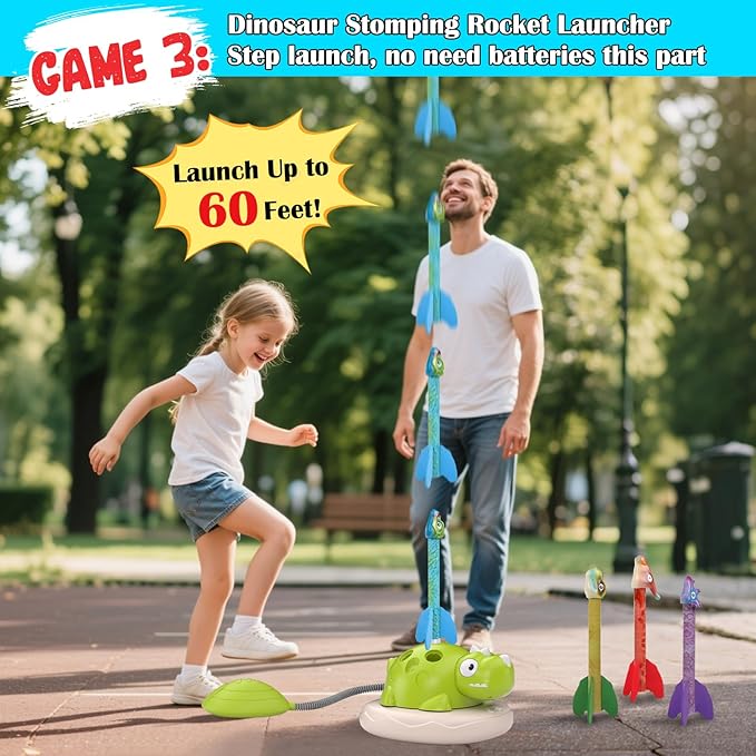 Indoor Outdoor Games for Kids, 3 in 1 Musical Jump, Ring Toss Game & Stomping Rocket Launcher for Kids, Dinosaur Sports & Outside Play Activities Toys with Remote Control for Toddlers 3-5 4-8