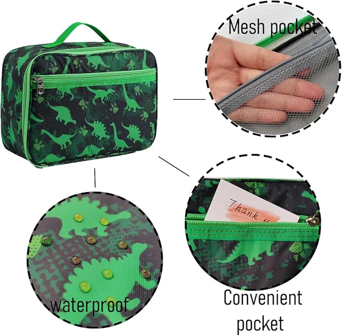 Bento Box for Kids Lunch Box Set with Reusable Kids Pouches Lunch bag Cute Toddler boys Lunch Cooler Organizer Lunch Tote (Green Dinosaur blunch bag+lunch box)