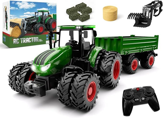Remote Control Tractor Toy, Kids RC Tractor Set & Truck and Trailer Front Loader - Metal Car Head/8 Wheel/Light, Toddlers Farm Vehicle Toys for 3 4 5 6 7 8 9 Year Old Boys Girls Birthday Gift