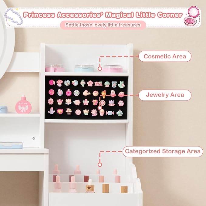 INFANS Kids Vanity with Lights, Princess Makeup Desk with Mirror Storage Shelves, Toddler Table and Chair Set Pretend Play for Girls Aged 4-9 (White)