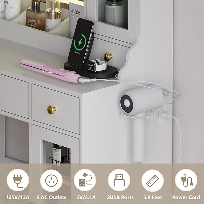 Vanity Desk with Mirror and Lights, Pink Makeup Vanity Table with 3 Modes & Adjustable Brightness, Glass Cabinets, Drawers, Outlet, Modern Dressing Table for Bedroom, Girls, Women, Teens