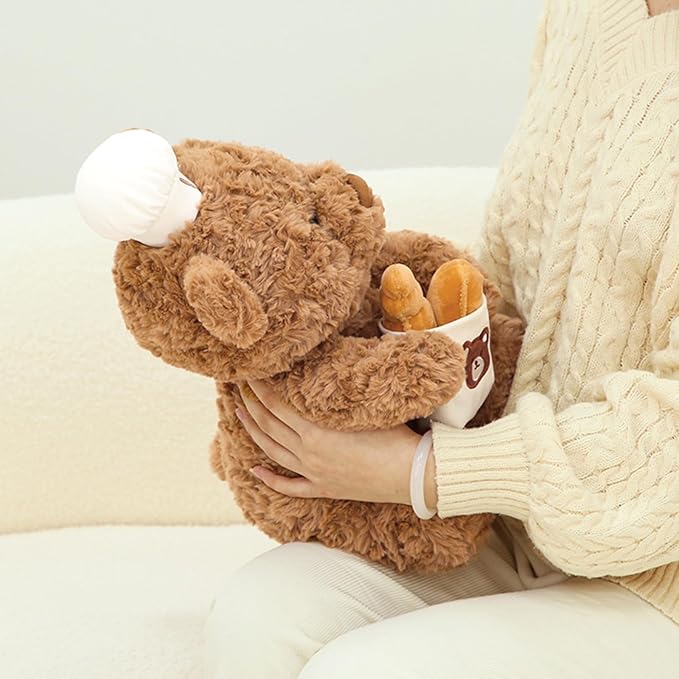 PEACH CAT Chef Teddy Bear Stuffed Animal Holds Toast Bread Bag Cute Bear Plush Soft Plushies Toy Pillow Gifts for Kids Brown 9.8"