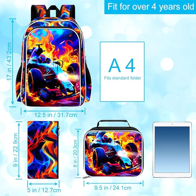 3Pcs Cars Backpack for Boy, 17" Hot Wheels Bookbag for Elementary Preschool Kindergarten, Kids Fire School Backpacks with Lunch Box (Red)