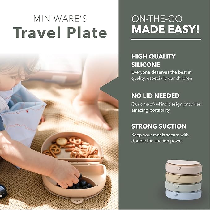 Miniware Baby Travel Plate with Suction - Foldable Silicone Baby Travel Essential to Promote Self-Feeding - Dishwasher Safe, BPA Free, Silicone Baby Plate for On The Go - Almond Butter Silifold