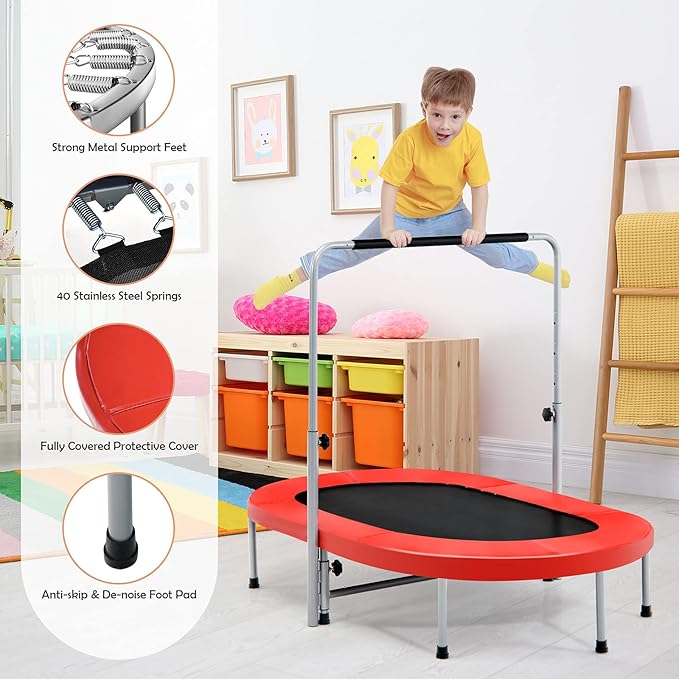 Giantex Mini Trampoline, 2 Persons Foldable Fitness Trampoline w/ 5 Levels Height Adjustable Handle, Max Load 330LBS, Indoor Oval Rebounder Exercise Trampoline for Adult, Kid, Enjoy Parent-child Time