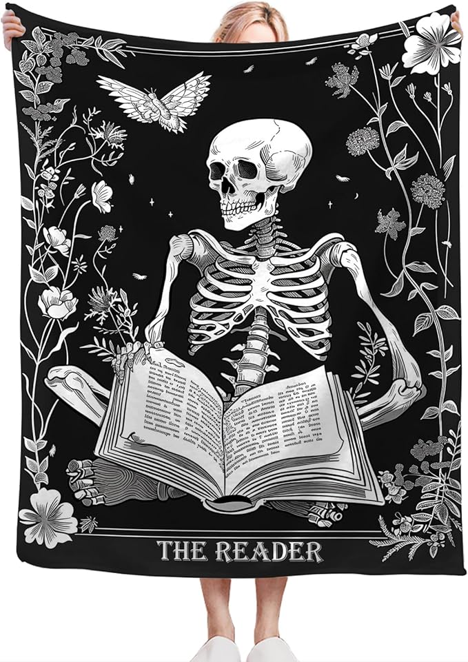 Reading Throw Blanket Ultra Soft Cozy Funny Skeleton Read Book Blanket Fleece Fuzzy Plush Skull Reading Lovers Reader Librarian Decor Gifts for Women Girls Adults Couch Sofa 50"x40"