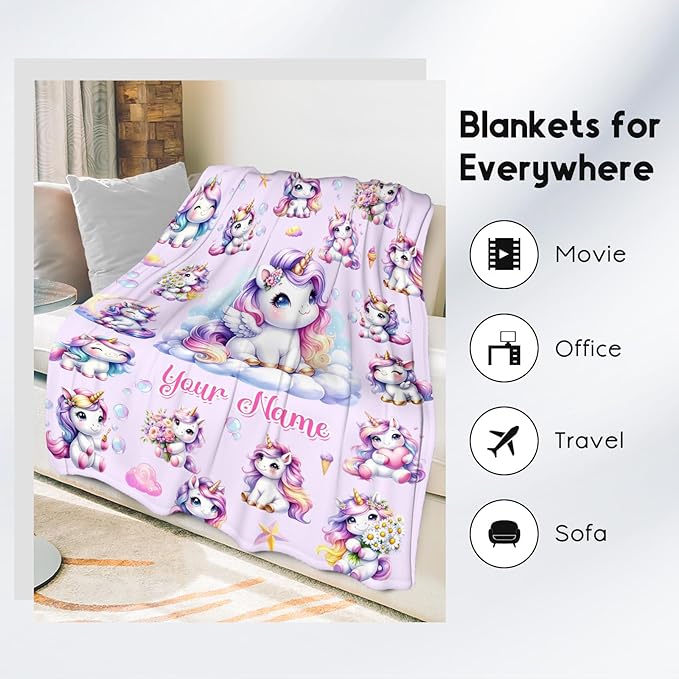 Gifts for Girls, Unicorn Blanket Gifts for Kids Unicorn Lovers, 40"x50" Personalized Soft Flannel Throw with Name for Toddlers Granddaughter