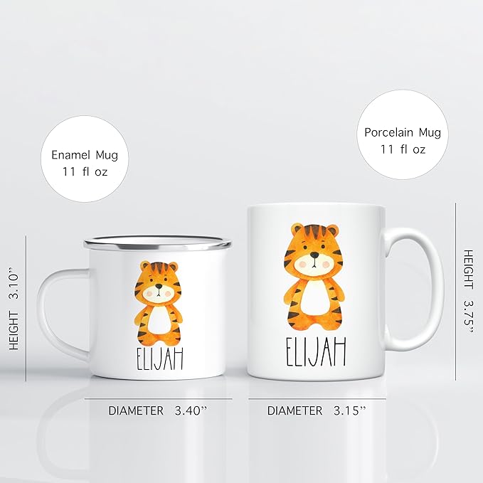 Personalized Mug for Kids, Boys, Girls | Customized Cocoa, Hot Chocolate, Coffee & Milk Cup | Custom Name Birthday Gift Party Favors | 11 Oz Stainless Steel Camping Mug Unbreakable | Tiger