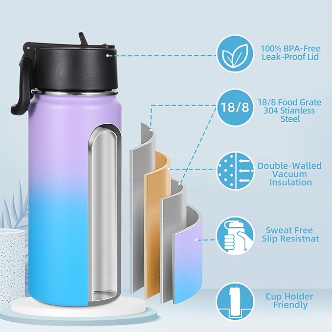 Volhoply 16 OZ Kids Water Bottle Bulk 4 Pack,Insulated Sports Bottles with Straw Lid,Stainless Steel Bottle with Handle Keep Cold,Double Wall Vacuum Tumbler Cups for School,Girls(Assorted, 4)