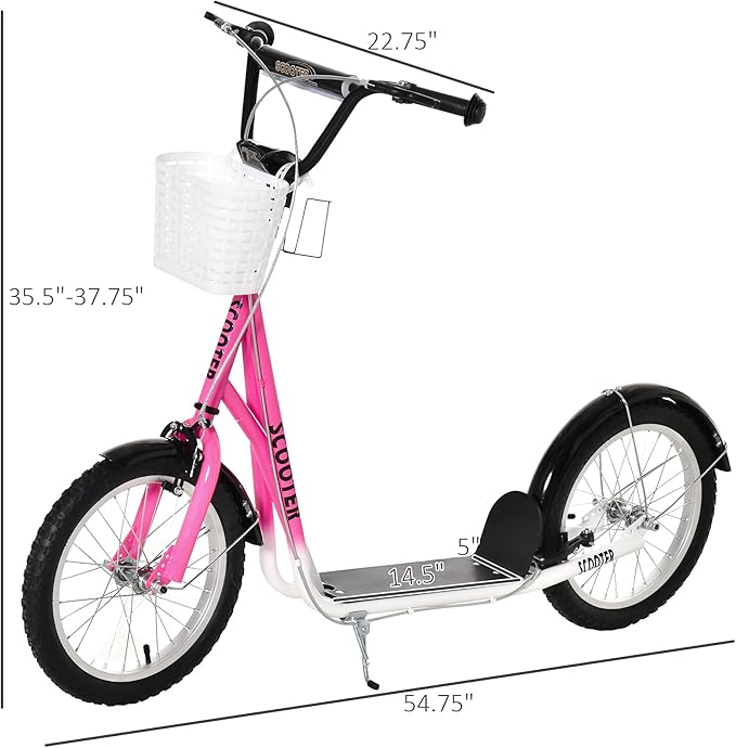 Aosom Youth Scooter, Kick Scooter with Adjustable Handlebars, Double Brakes, 16" Inflatable Rubber Tires, Basket, Cupholder