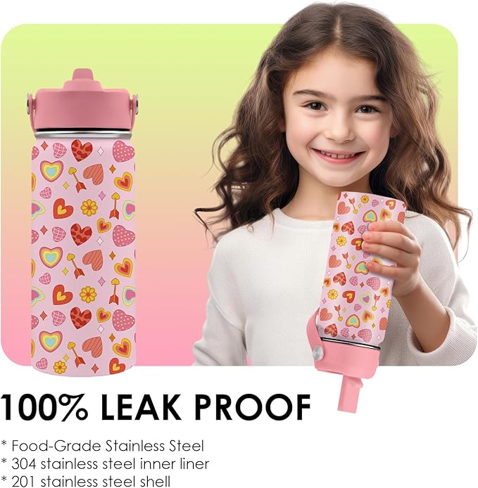 Heart Gifts for Kids - 16 Oz Kids Water Bottle with Straw Lid, Stainless Steel Insulated Tumbler, Leak Proof, BPA-Free, for Girls, School, Travel - Heart Pattern Children Birthday Gifts Cups(1pc)