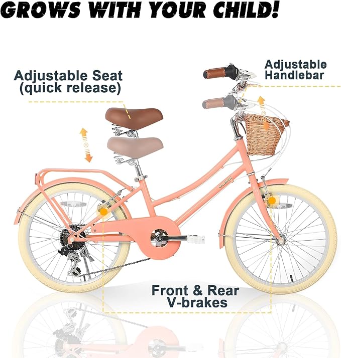 Glerc 20 24 26 Inch Beach Cruiser Bike, 6-Speed Hybrid City Bicycle for Girls Youth and Over 6 Years Old, Missy Bike with Wicker Basket & Lightweight, Multiple Colors
