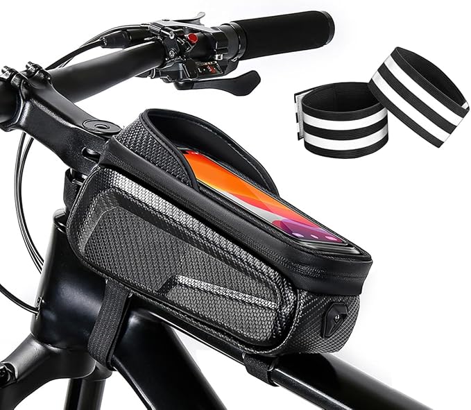 Waterproof Bike Bag Phone Front Frame Bag, Bicycle Accessories Pouch, EVA Bike Phone Holder Top Tube Bag Handlebar Bags, with 2 Reflective Tapes, Compatible Phones Under 7''