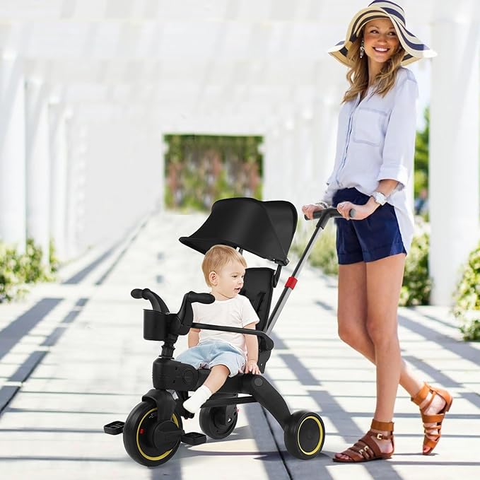 5-in-1 Compact, Foldable Tricycle - Suitable for Toddlers 10 to 36 Months Push Tricycle Bike for Toddlers with Removable Handle Seat Adjustable Canopy for Kids