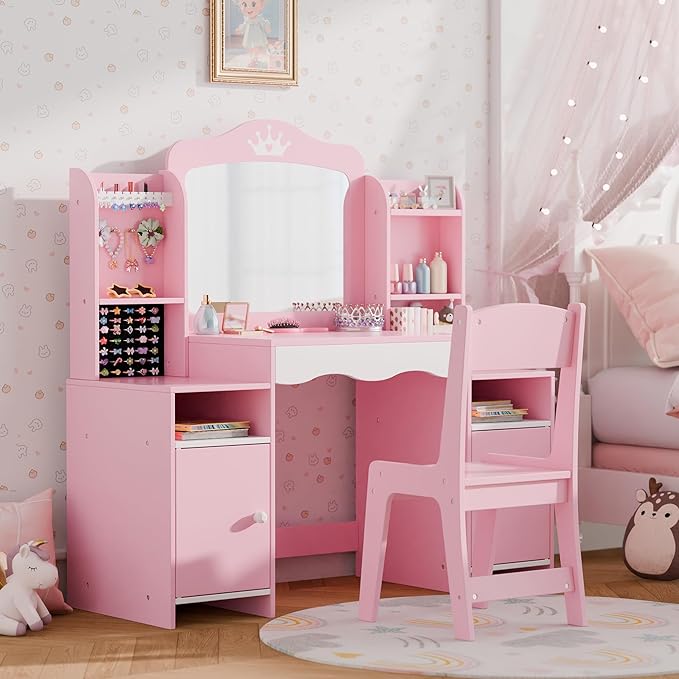 Kids Vanity, Girl Vanity Set with Storage Cabinet & Open Shelf, 2 In 1 Kids Vanity Table and Chair Set with Jewelry Storage, Princess Toddler Makeup Vanity with Mirror for Little Girls (Pink)