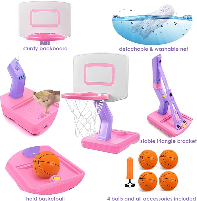 Toddler Pink Basketball Hoop Indoor Set for Age 1-3 2-4 3-5,Adjustable Mini Basketball Hoops for Outdoor Poolside Play,Sport Toys for Little Boys Girls Birthday Gifts
