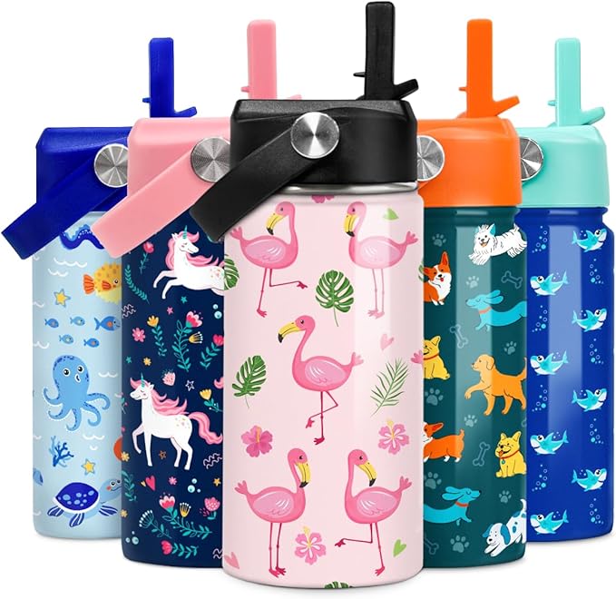 SANDJEST Kids Water Bottle Flamingo Water Bottles 12oz with Straw Insulated Stainless Steel Travel School Tumbler Double Wall Vacuum Cup for Girls Kid