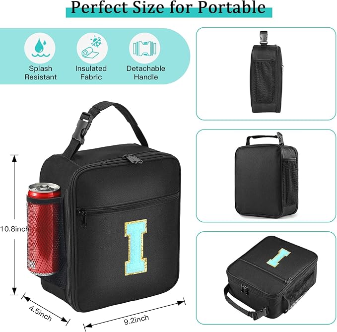 Initial Insulated Lunch Bag, Lunch Box with Initial Letter Patch for Teen Adult, Reusable Lunch Bag for Men Women, Ideal Back to School Gift Birthday Gift, Blue I