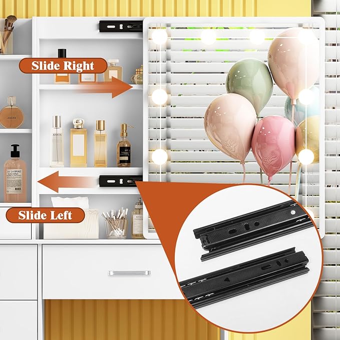 Vanity Desk with Sliding Mirror and Lights, White Vanity Set with Lighted Mirror and Stool, 3-Color Adjustable Brightness Lights, USB Port, Drawers, Makeup Vanity for Bedroom, Girls & Women Gifts