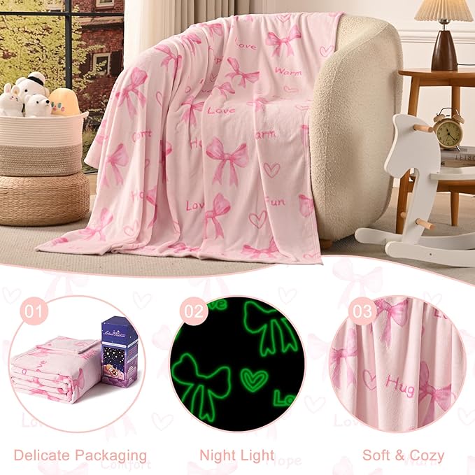 Lotus Karen Pink Bow Glow in The Dark Love Blanket Birthday Gifts for Girls 1 2 3 4 5 6 7 8 9 10 11 12 Kids Blanket with Heart Halloween Christmas Girl Gifts Ideas Cute Bedroom Decor（Pink Bow 50"×60"