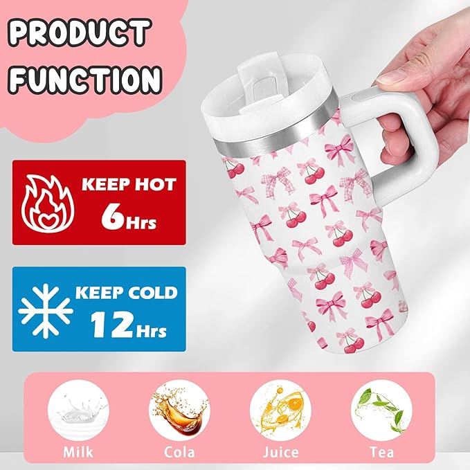 Bow Gifts for Girls - 14oz Pink Kids Bowknot Themed Tumbler with Handle and Straw, Stainless Steel Insulated Water Cup, for Sport, School, Travel - Cute Pink Bow Themed Children Birthday Gift Cup(1pc)