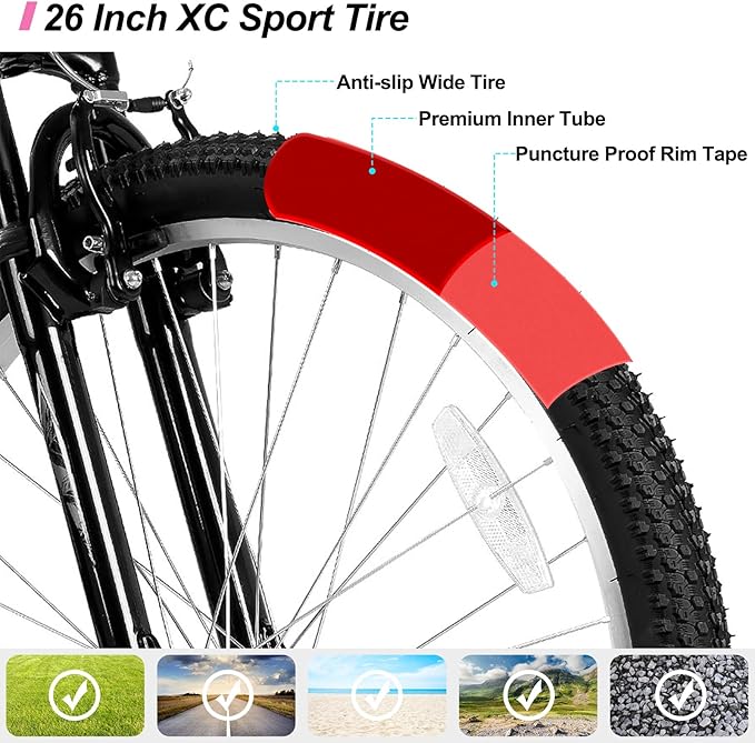 HILAND 26 Inch Womens and Mens Mountain Bike, 18 Speed Steel Frame Adult Bicycle, MTB Bikes with Suspension Fork, V Brake, Mountain Bicycle for Woman Man, Purple Green White