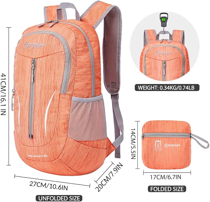 ZOMAKE 25L Ultra Lightweight Packable Backpack, Foldable Hiking Backpacks Water Resistant Small Folding Daypack for Travel(Orange)