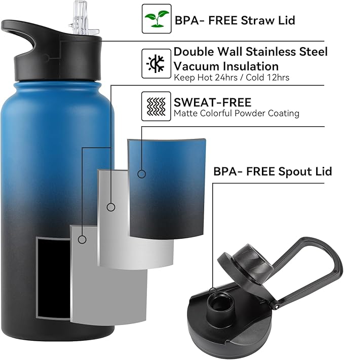 32 Oz Insulated Water Bottle with Straw Lid & Wide Mouth Lids, Stainless Steel Sports Water Bottles, Double Walled Vacuum, Leak Proof, Blue Black Gradient