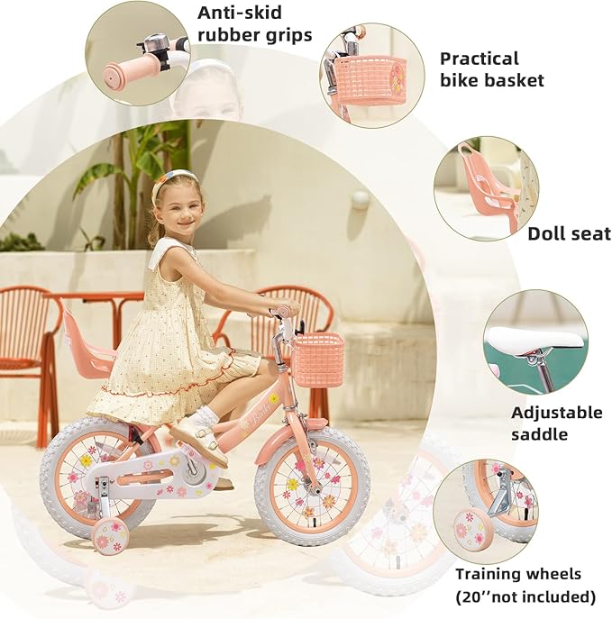 Girls Bike with Basket for Toddlers and Kids Aged 3-14 Years Old, 12 14 16 18 Inch with Training Wheels & Doll Seat, 20 Inch with Kickstand & Rear Rack, Princess Style Bicycle for Gift.