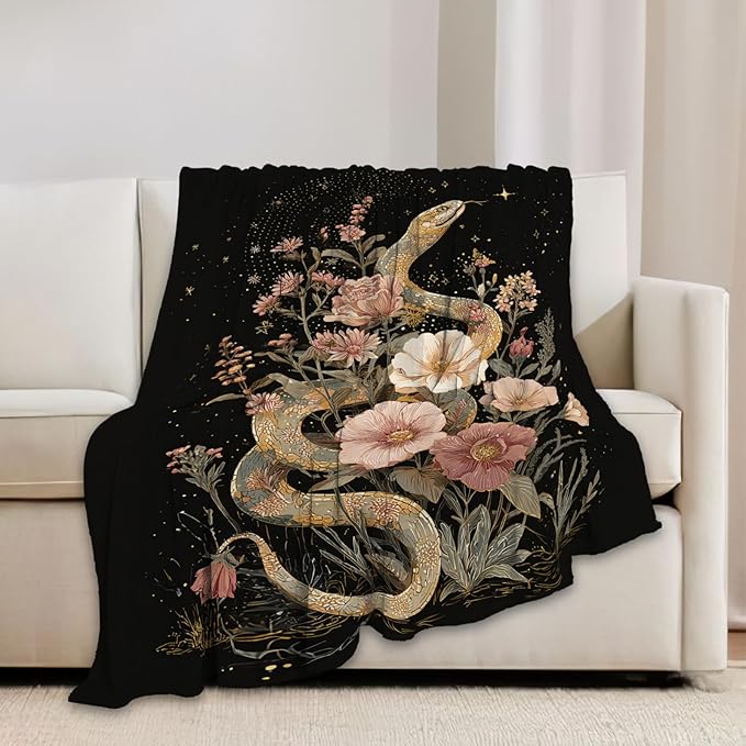 Golden Snake Blanket Fantasy Floral Reptiles Throw Blankets Gifts for Girls Boys Kids Snake Lover Soft Cozy Fleece Plush for Couch Sofa Bed 60"x50"