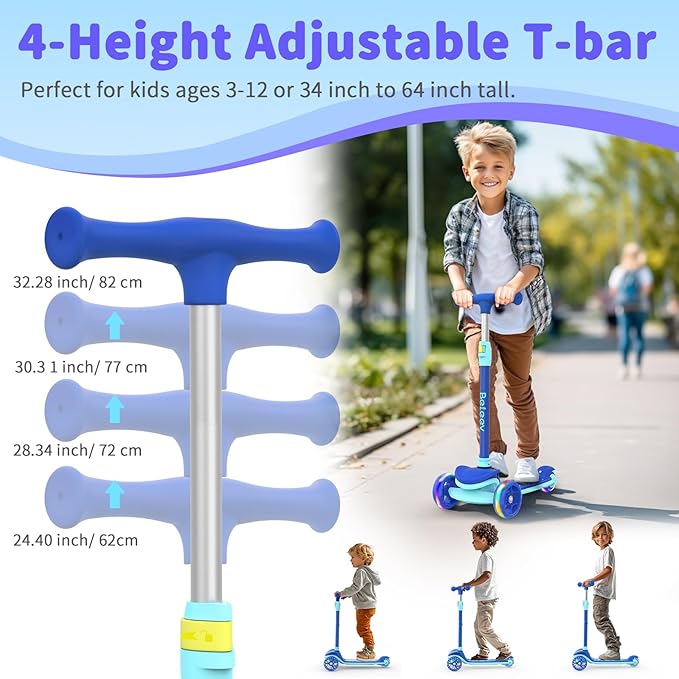 BELEEV A8 Scooter for Kids Ages 3-12, 3 Wheel Folding Scooter for Toddlers Girls Boys, LED Light-Up Wheels, 4 Adjustable Height, Lean to Steer, Extra Wide Wheels, Three Wheel Kick Scooter for Children