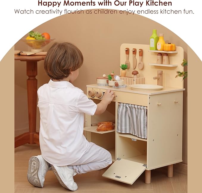 Wooden Play Kitchen for Kids, Realistic Pretend Kitchen Playset with Swivel Faucet & Kitchen Accessories Set for Toddlers Ages 3+