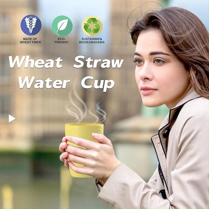 unbreakable wheat straw cups 12oz set of 6 with textured pattern anti slipping,alternative plastic drinkings cups suitable for hot and cold beverage,Yellow-Orange-Blue