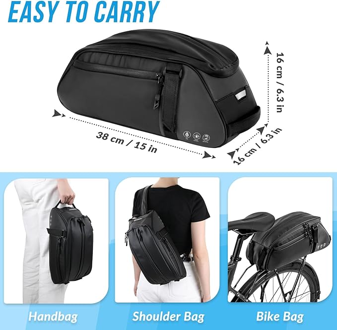WOTOW Reflective Rear Rack Bag, Water Resistant Bike Saddle Bag Panniers for Bicycles Ebike, 8L Trunk Storage Bag, Cycling Back Seat Cargo Carrier Pouch With Shoulder Strap (With Rain Cover)