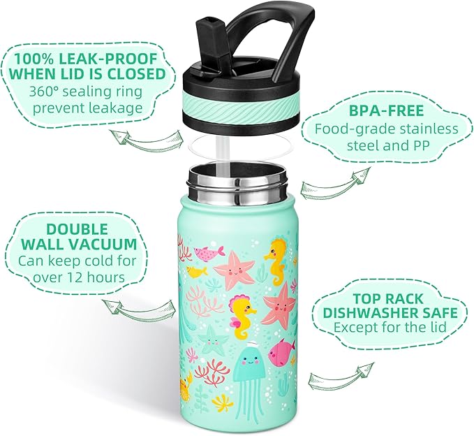Fanhaw 14 Oz Kids Insulated Water Bottle with Straw - Stainless Steel Double Wall Vacuum Cup, Leakproof, BPA Free, Suitable for Boys and Girls(Green - Octopus)
