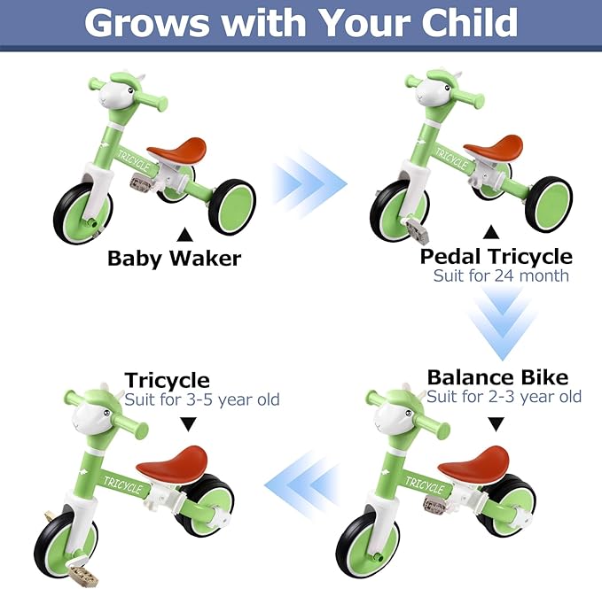 Tricycle for Toddlers 1-5 Year Olds, Toddler Balance Bike for Boys Girls 2-4, Toddler Tricycle with Light & Music Front, Kids Bicycle with Removable Pedal, Birthday Gifts for 1 2 3 4 5 Year (Green)