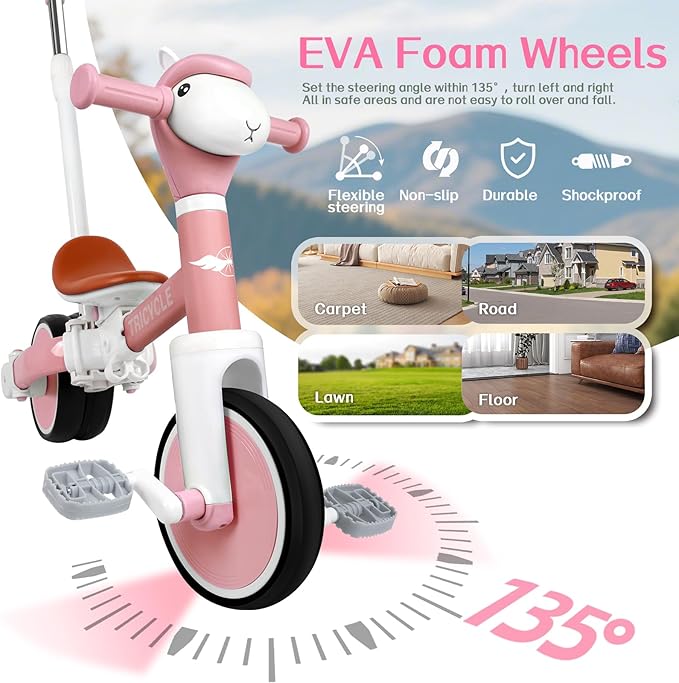 Tricycle for Toddlers 1-3 Year Olds, 5 in 1 Toddler Balance Bike 2-4 Years Old Boys Girls, Push Trike Toys with Adjustable Handle, Birthday Gifts for 2 3 4 5 Year Old Kids Bike (Pink)