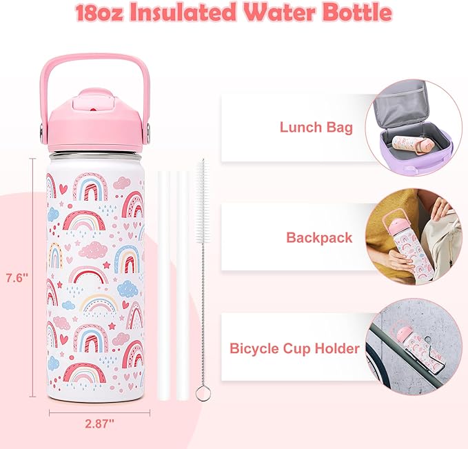 18oz Kids Insulated Water Bottle with Straw Lid - 18/8 Stainless Steel Kid Cup Travel Tumbler Double Wall Vacuum Leak Proof Portable Toddler Water Bottle (Rainbow + Mermaid)