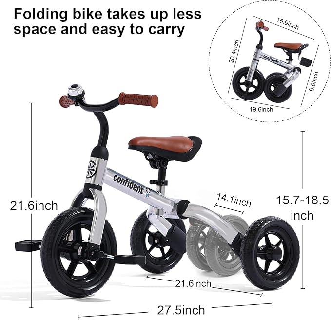 XPIY Tricycle for Toddlers Age 2-5 Years Old, 3 in 1 Folding Toddler Bike for Boys and Girls, Kids' Bike Trike with Detachable Pedal and Adjustable Seat (Glitter Silver)