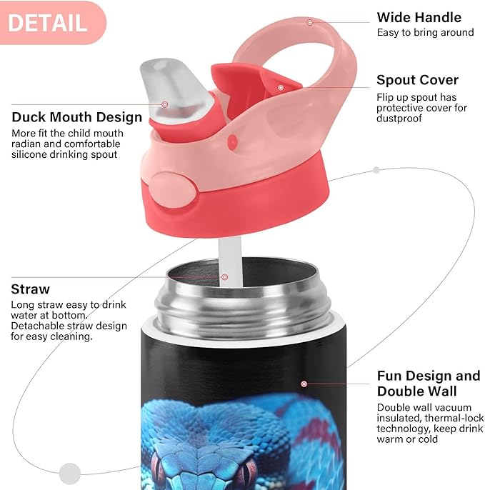 Kigai Black & White Cow Print Kids Water Bottle with Straw Lid, Vacuum Insulated Stainless Steel Double Walled Leakproof Tumbler Travel Cup for Girls Boys Toddlers, 12 oz