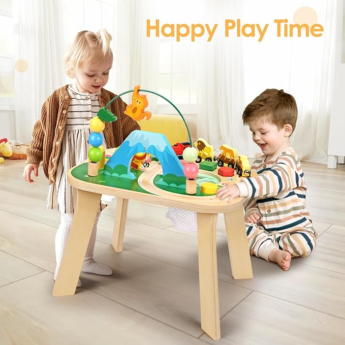 wingyz Activity Table for 1 Year Old Toddler, 9-in-1 Multi-Colorful Wooden Montessori Toys, Baby Play Table with Bead Maze Shape Sorter Train Toy, Educational Gifts for Kids Boys Girls